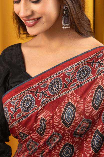 SINDOORI- Red Ajrakh Tussar Silk Saree