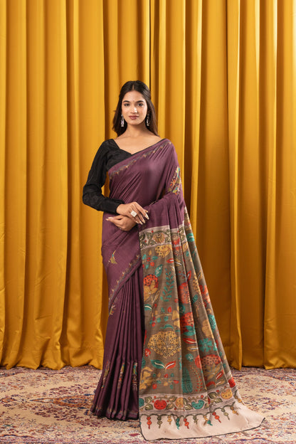 CHITRAKATHA- Purple Floral Tussar Silk Saree