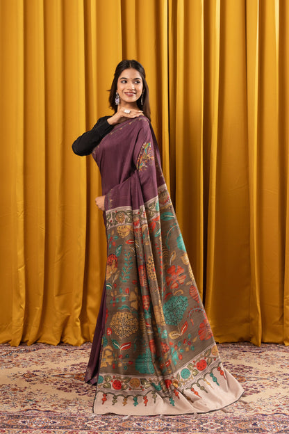 CHITRAKATHA- Purple Floral Tussar Silk Saree